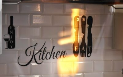 White subway tile backsplash in a modern kitchen with open shelving