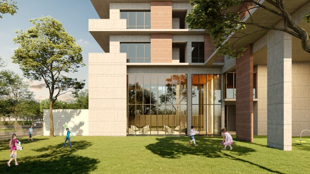 Modern apartment balcony with interlocking deck tile flooring