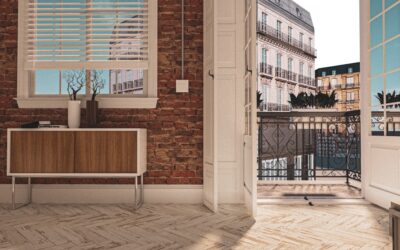 Modern apartment balcony with stylish interlocking deck tiles and outdoor furniture