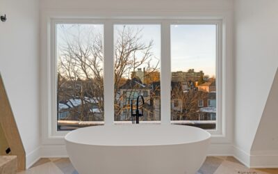 Modern bathroom with large format porcelain tile flooring