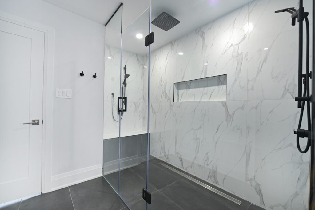 Porcelain floor tile in a modern bathroom with walk-in shower