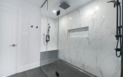 Porcelain floor tile in a modern bathroom with walk-in shower