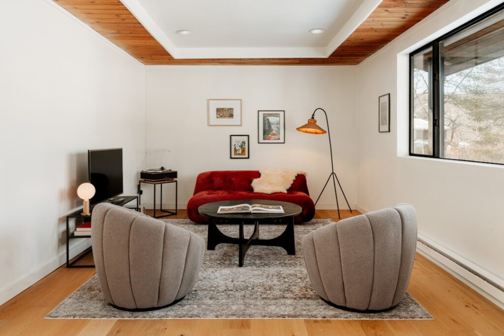 White oak hardwood flooring in a bright modern living room
