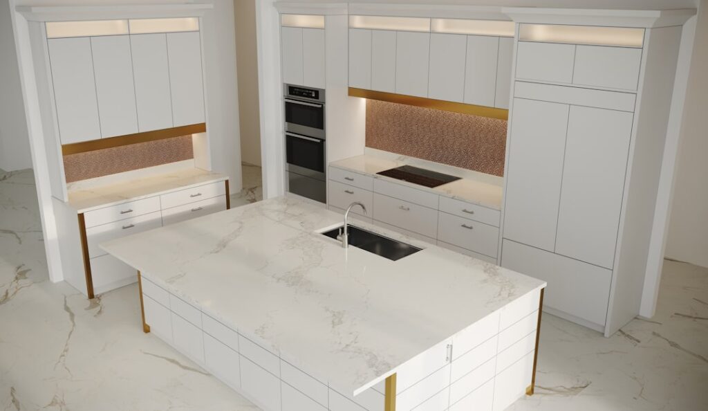 Freshly painted white kitchen cabinets with a smooth professional finish in a modern kitchen