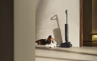 Upright vacuum cleaning golden retriever fur from a light hardwood floor