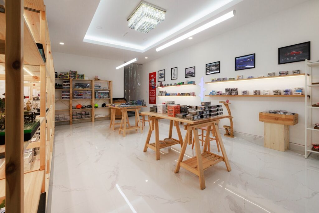 Laminate flooring samples displayed in a flooring showroom