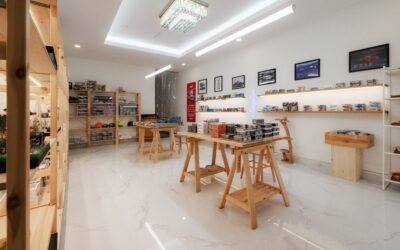 Laminate flooring samples displayed in a flooring showroom
