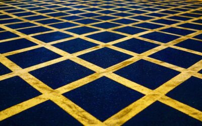 Colorful modular carpet tiles arranged in a pattern on an office floor