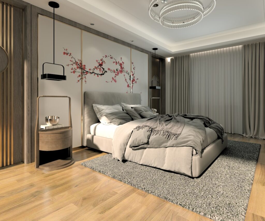 Split view showing carpet flooring and laminate flooring side by side