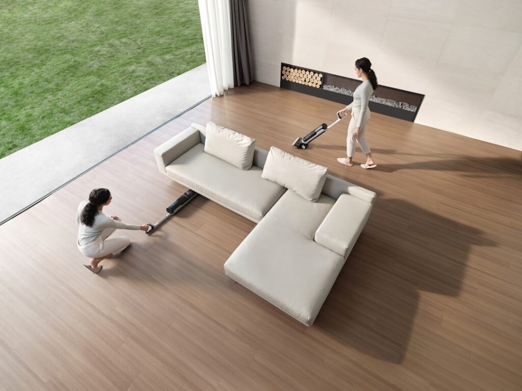 Stylish budget-friendly vinyl plank flooring installed in an open-concept living space
