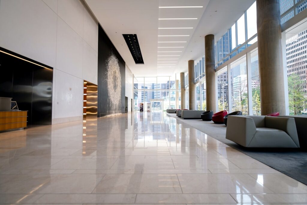 Commercial-grade laminate flooring installed in a modern office space