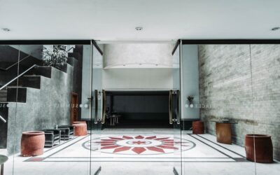 Modern open-plan house interior with polished concrete floors