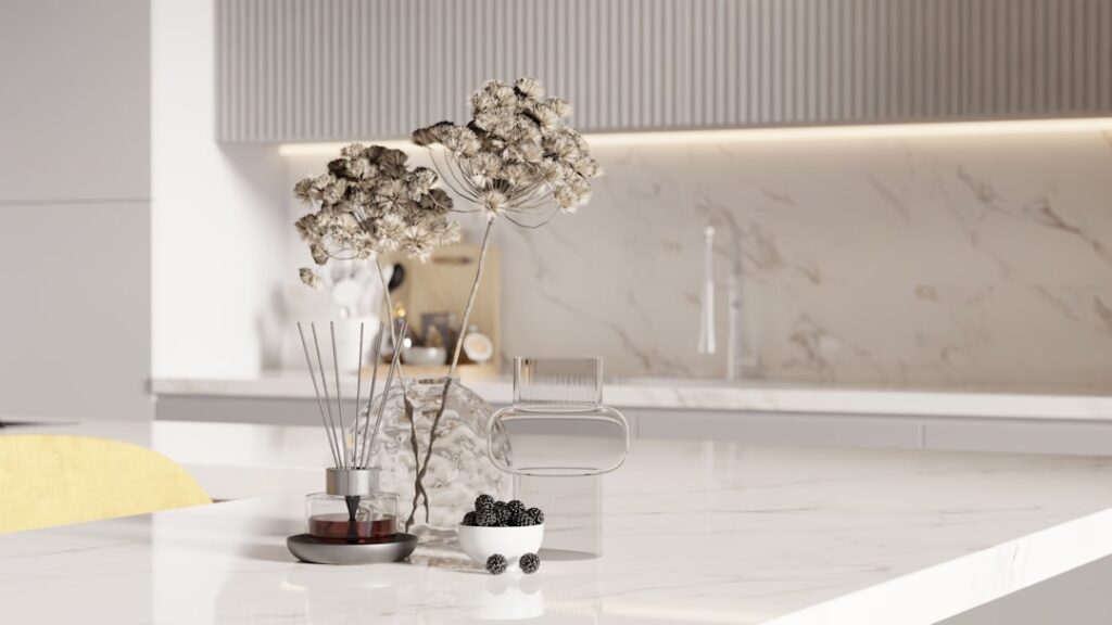 Kitchen countertop with marble-look contact paper applied for a budget makeover
