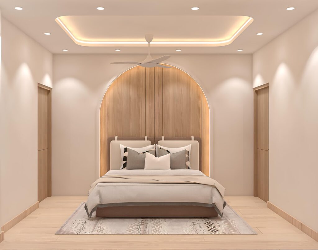 Rich walnut engineered hardwood flooring in a spacious bedroom