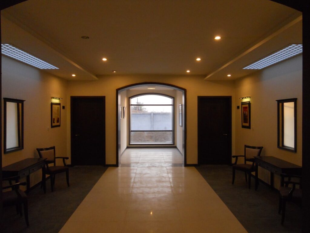 Elegant home entryway with natural stone tile flooring