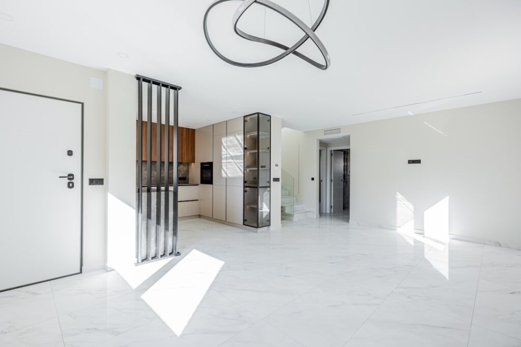 Geometric patterned floor tiles in a modern house entryway