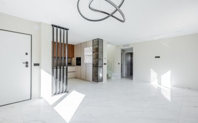 Geometric patterned floor tiles in a modern house entryway