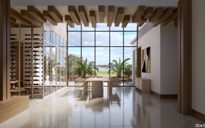 A modern living room with floor to ceiling windows overlooking a scenic view with hardwood flooring