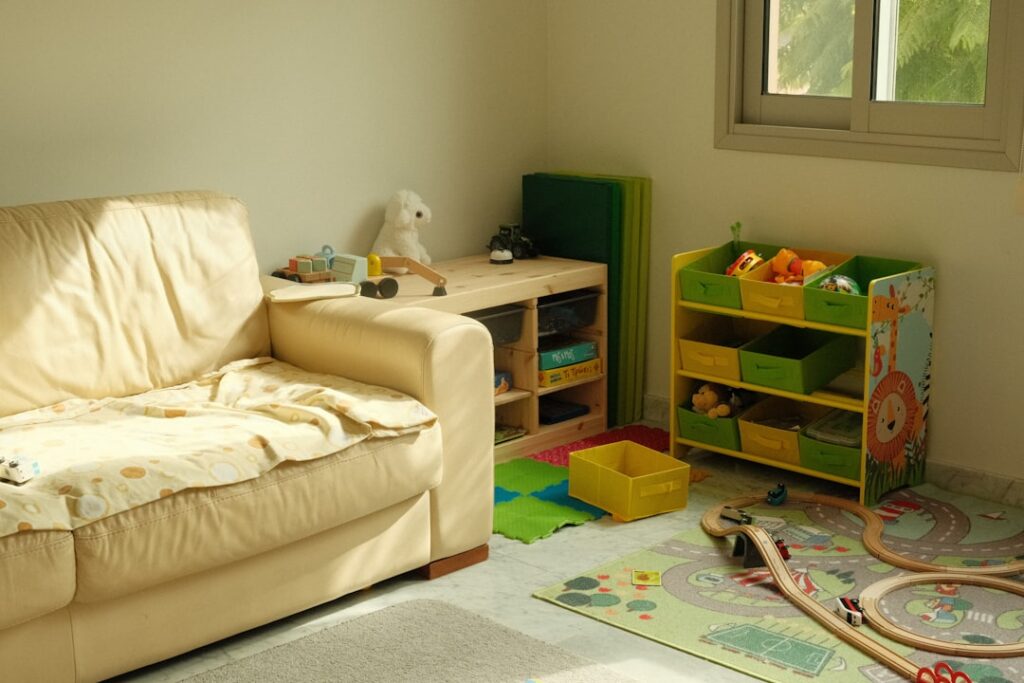 Colorful interlocking foam floor tiles in a children's playroom