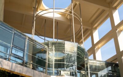 Transparent structural glass floor panels in a modern architectural building