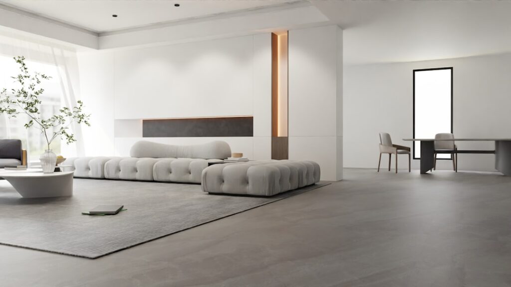 Grey LVT flooring in a contemporary living room with modern furniture