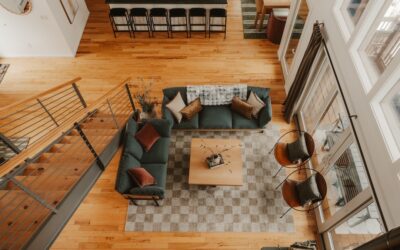 Modern living room with grey oak laminate flooring and contemporary furniture