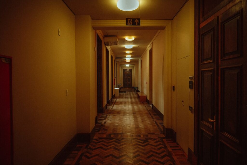Patterned carpet runner in a well-lit residential hallway