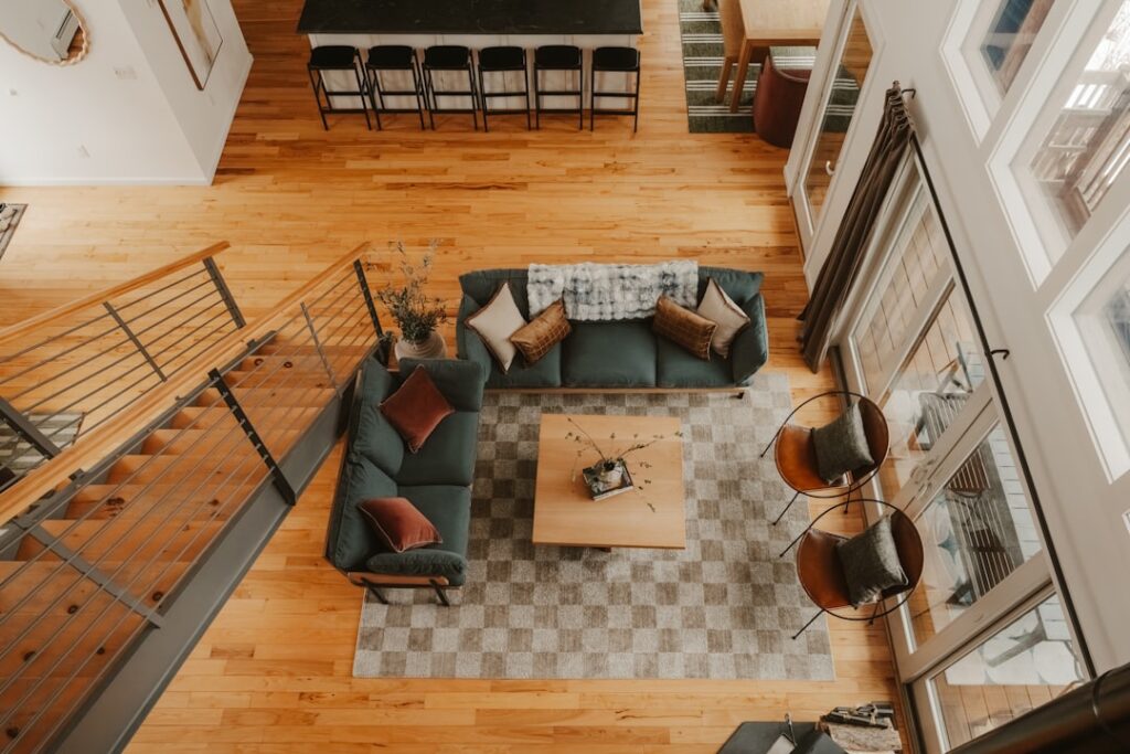High quality laminate flooring with realistic wood grain in a living room