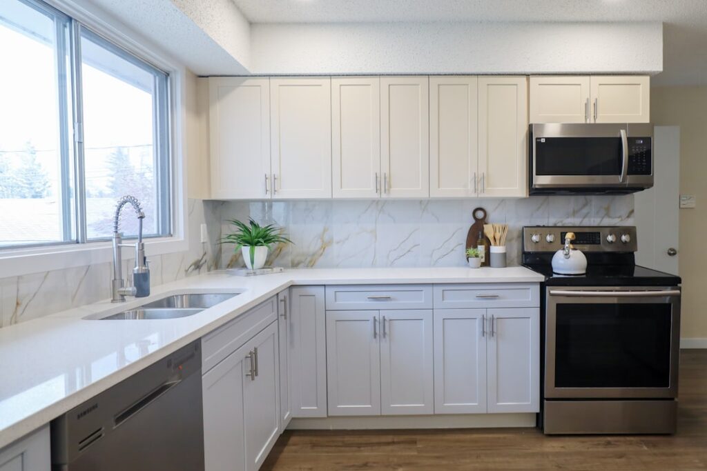 Sparkling clean stainless steel refrigerator in a modern kitchen