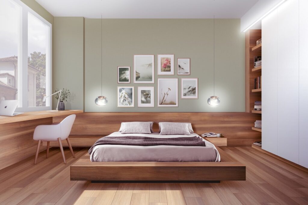 Hybrid rigid-core flooring installed in a modern bedroom