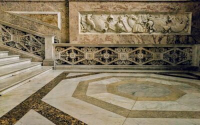 Elegant Italian marble flooring with white and gray veining in a grand entryway