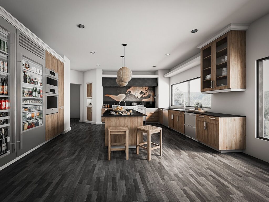 Water-resistant laminate flooring installed in a modern kitchen