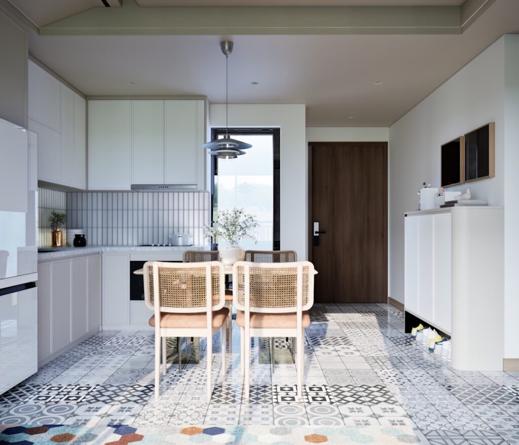 Modern kitchen with patterned linoleum flooring in neutral tones
