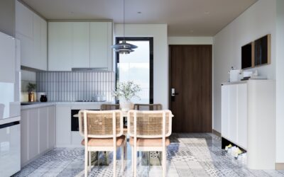 Modern kitchen with patterned linoleum flooring in neutral tones