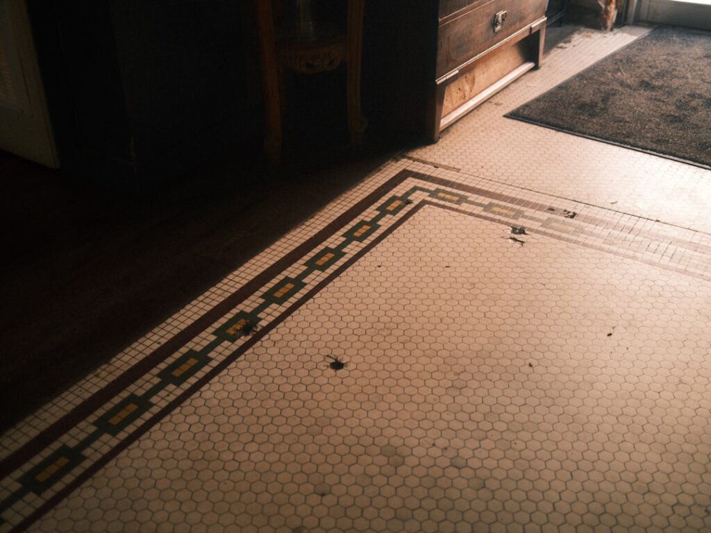 Colorful linoleum flooring in a bright kitchen setting
