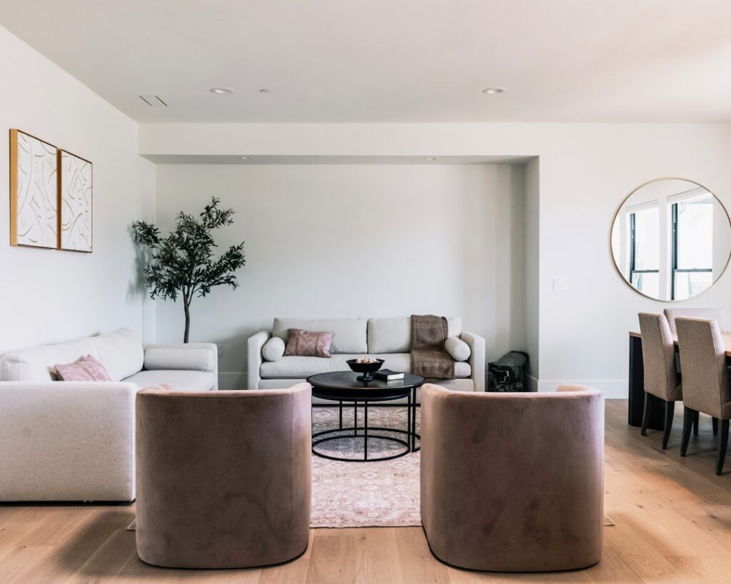 Stylish living room with warm neutral walls and contemporary furniture