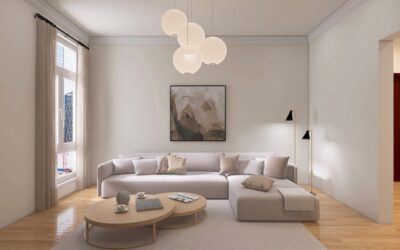 Stylish modern living room with neutral sofa and wood flooring