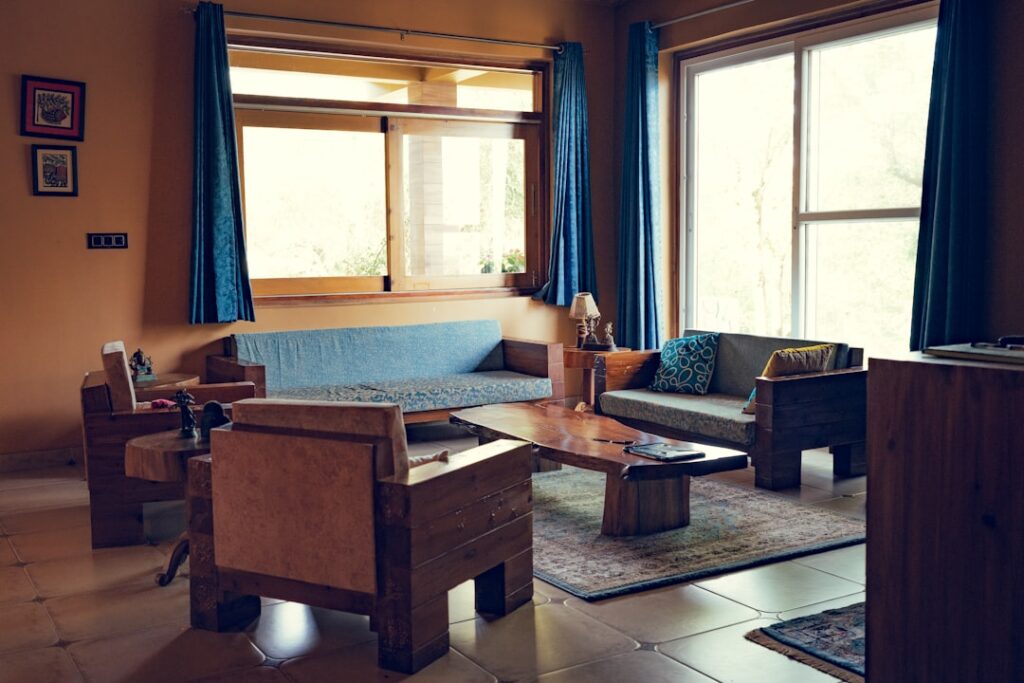 Elegant living room with large format floor tiles in a neutral tone