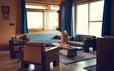 Elegant living room with large format floor tiles in a neutral tone