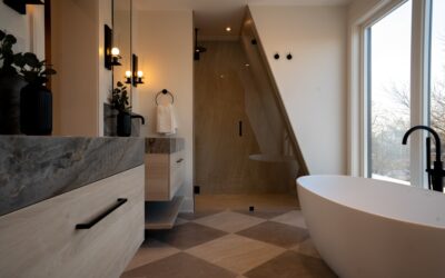 Luxury vinyl tile flooring in a modern bathroom with walk-in shower