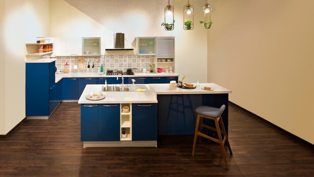 Colorful marmoleum flooring installed in a bright modern kitchen