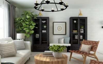 Cozy modern farmhouse living room with shiplap walls, rustic wood beams, and neutral-toned furniture