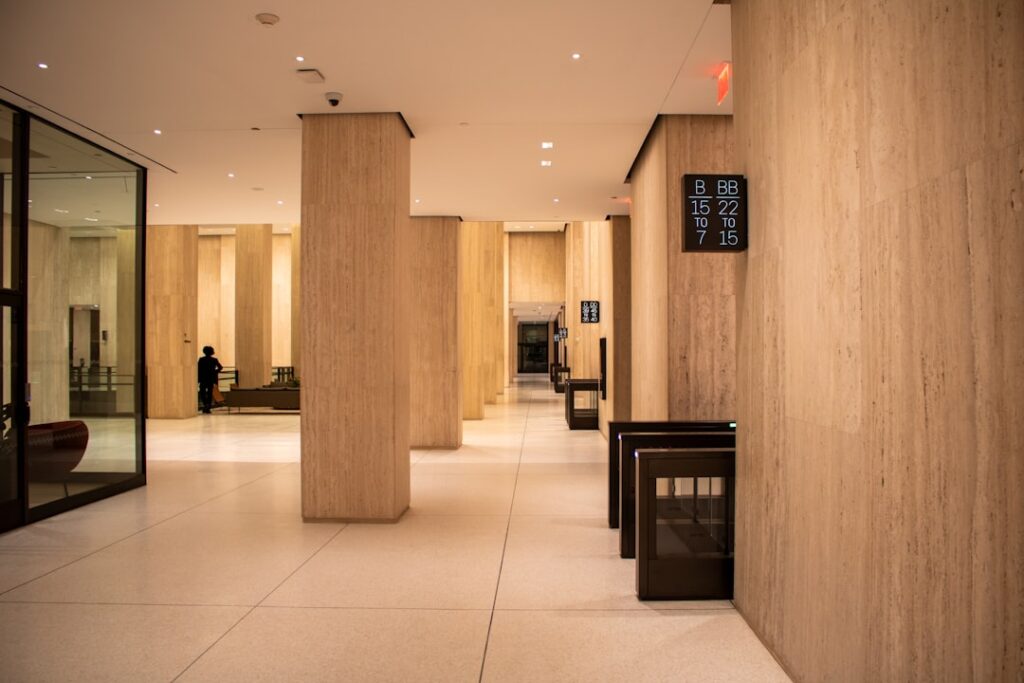 Modern office space with luxury vinyl plank flooring and desk setup