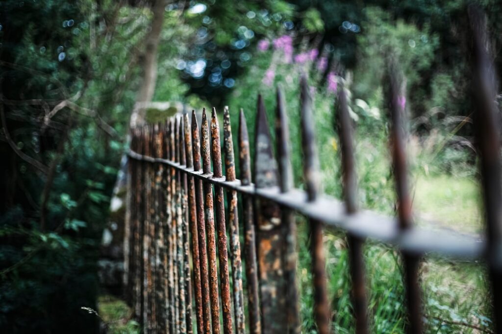 Rustic pallet fence surrounding a backyard garden with green plants