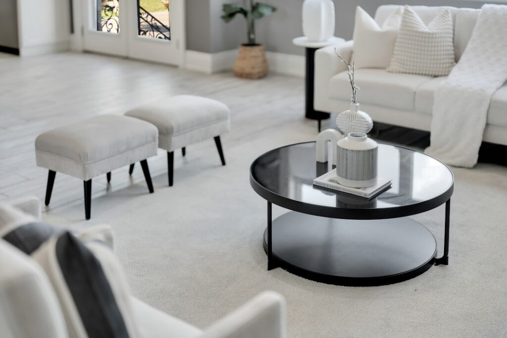 Bright living room with polished porcelain tile flooring reflecting natural light