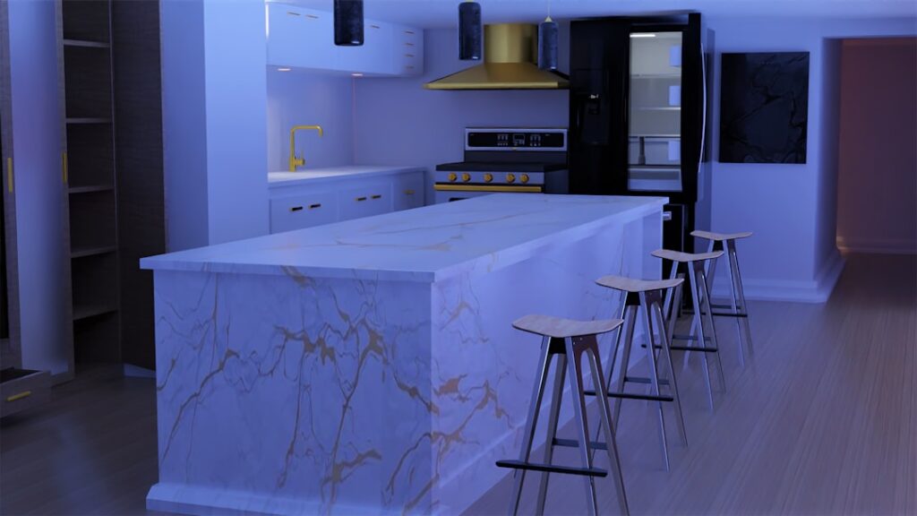 White quartzite countertop with dramatic natural veining in a bright kitchen