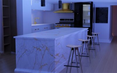 White quartzite countertop with dramatic natural veining in a bright kitchen