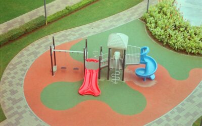 Colorful rubber playground flooring surface under outdoor play equipment