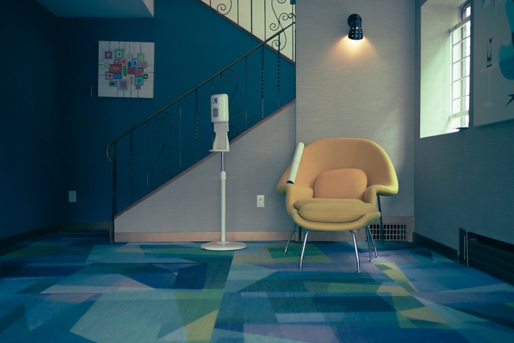 Colorful sheet linoleum flooring in a bright commercial hallway