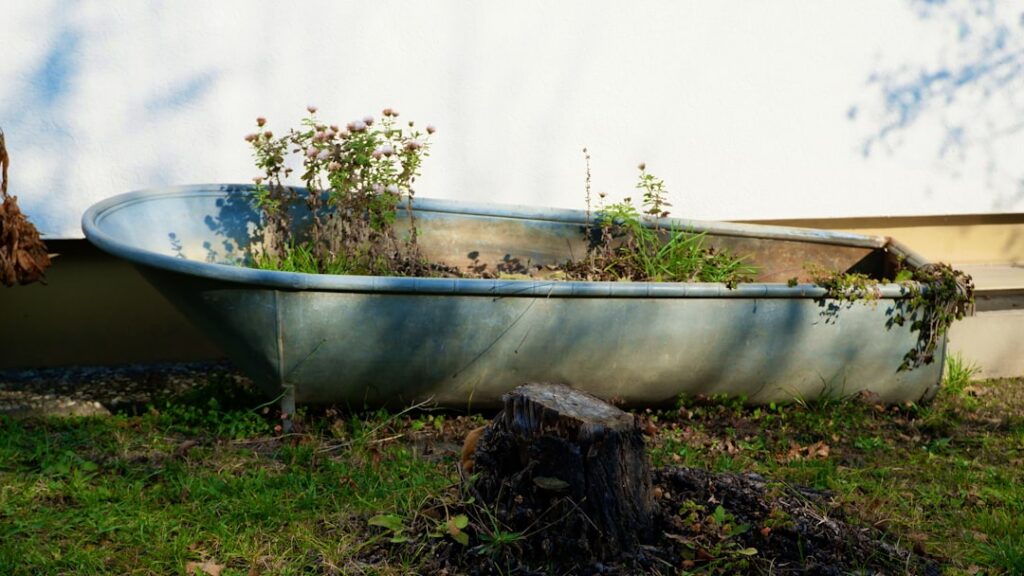 Black soaker hose weaving through a mulched garden bed with water seeping along its length